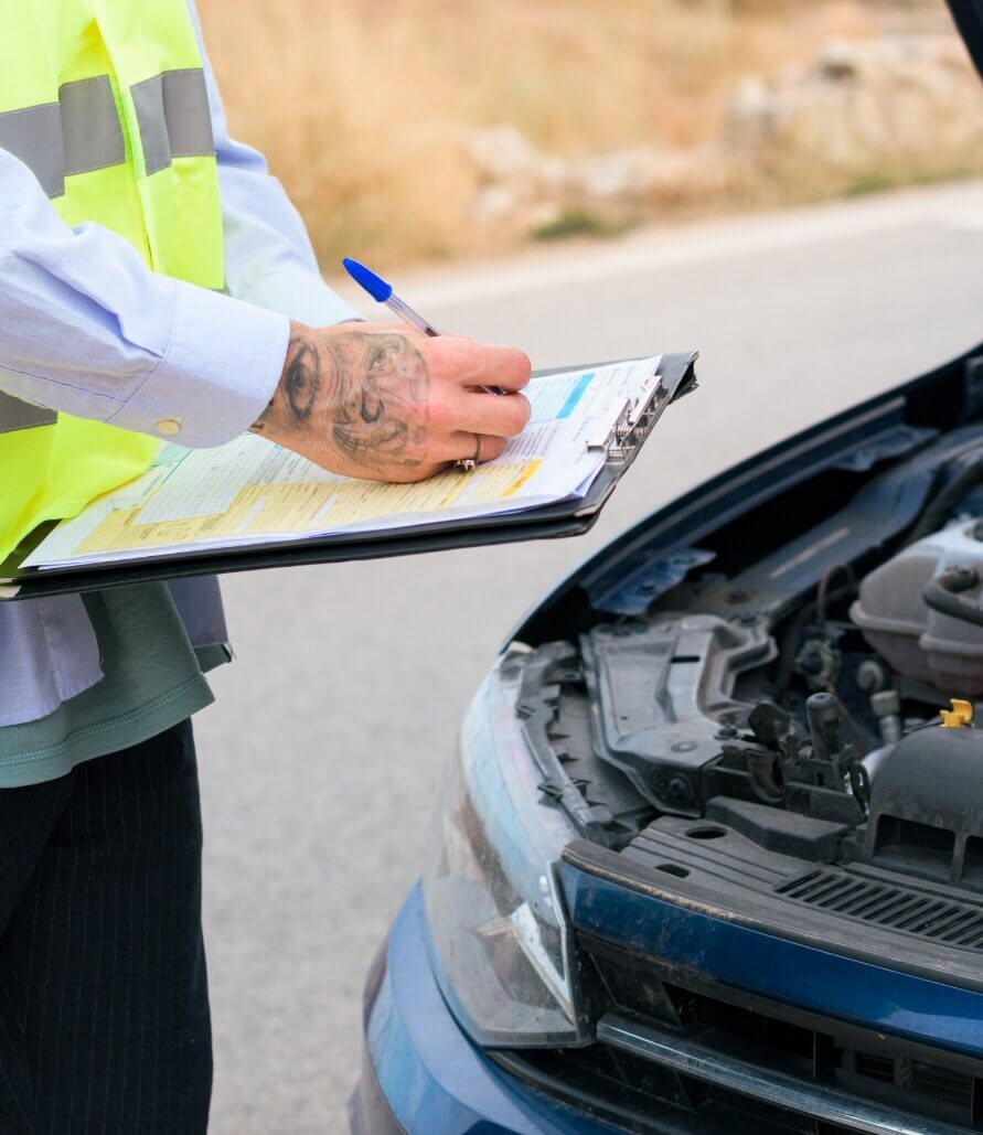 Insurance claims adjuster looking at car after an accident