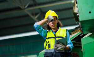 woman rubbing her head overheated and concerned about workplace safety