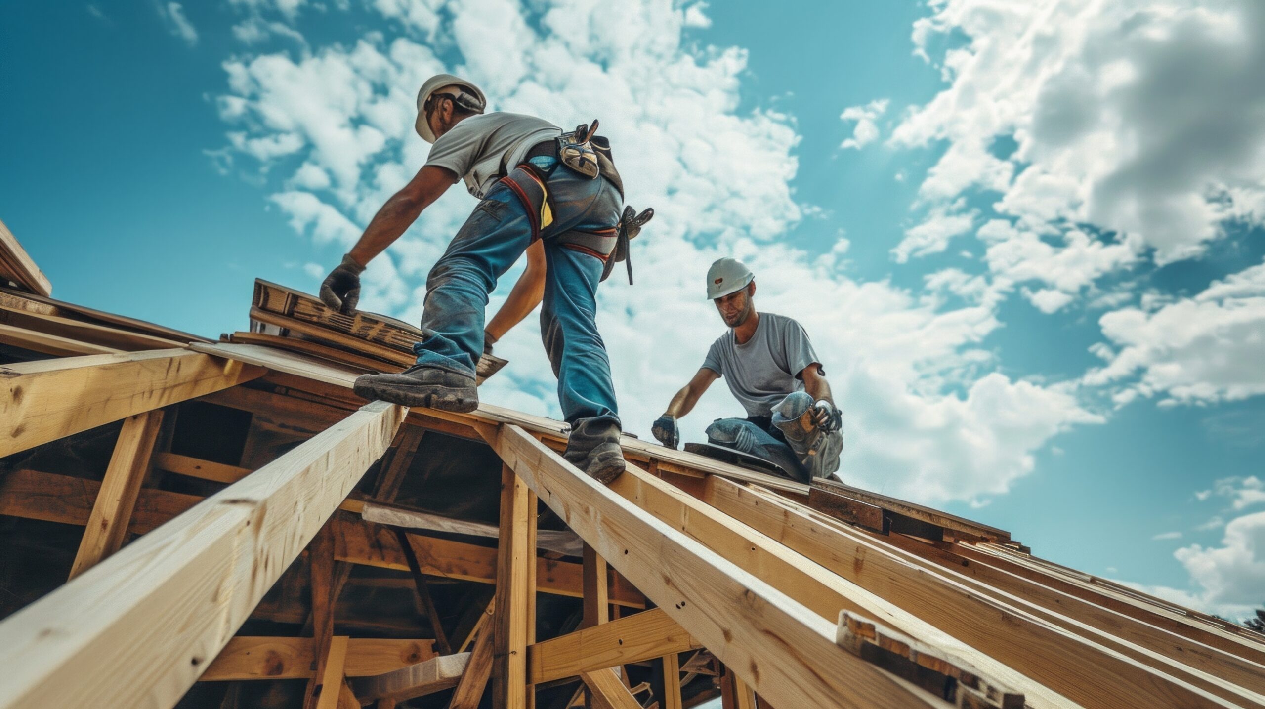 Two roofers on a house with workplace safety in mind