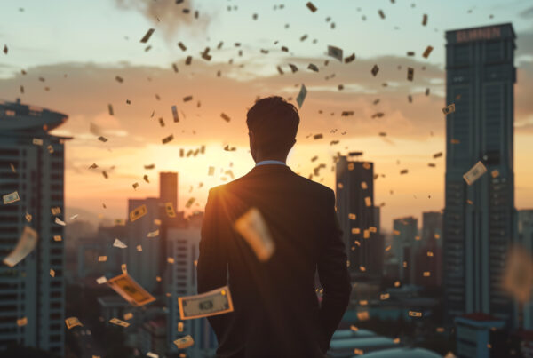 Picture of man in suit looking at the skyline with dollar bills floating around indicating sleezy insurance man