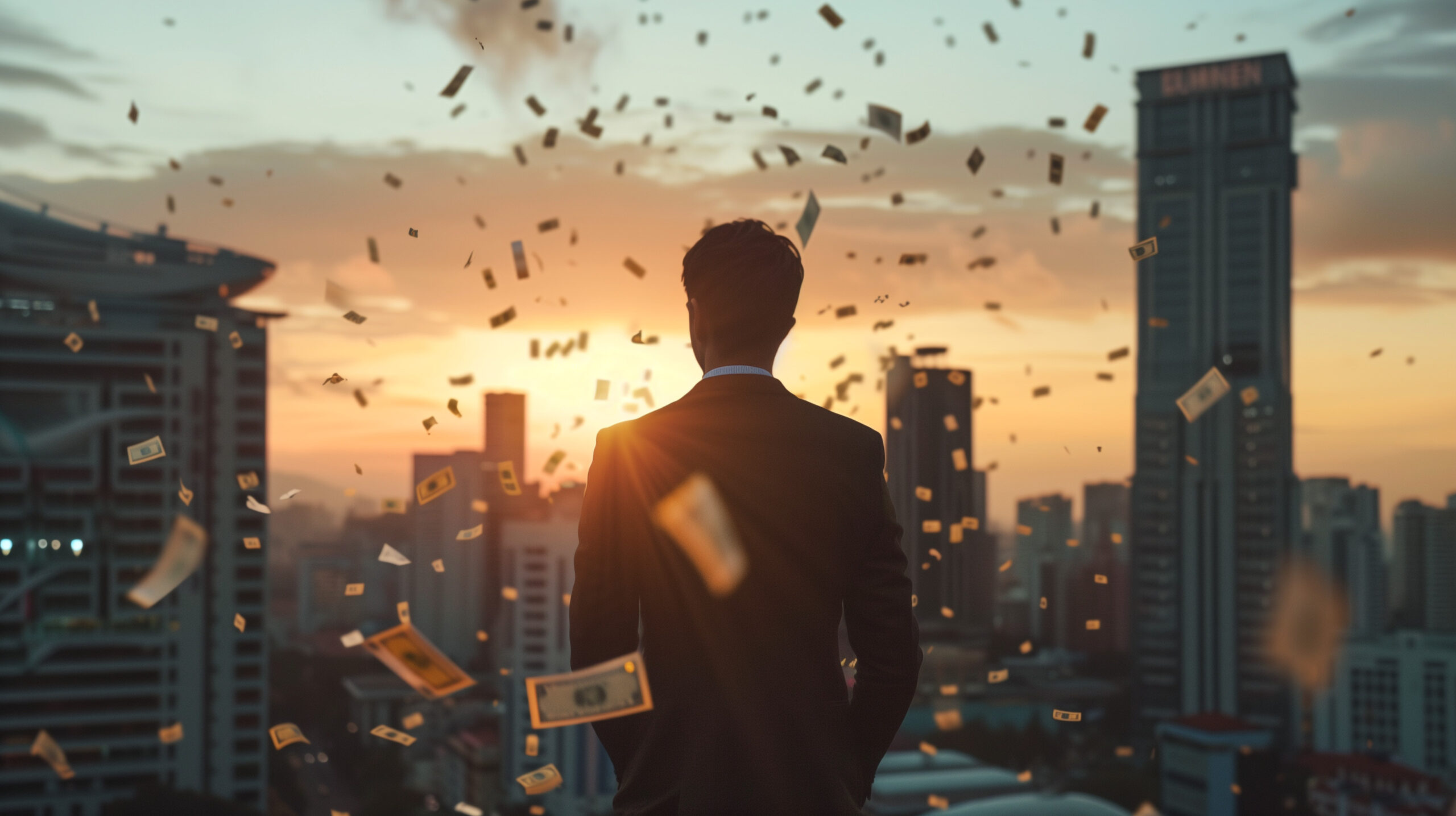 Picture of man in suit looking at the skyline with dollar bills floating around indicating sleezy insurance man