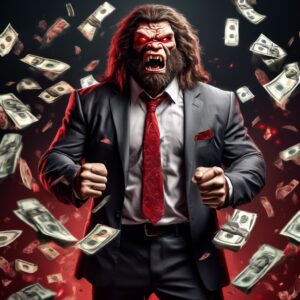 Scary image of a wolfman insurance adjuster character with red eyes and money around him 