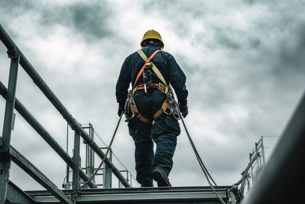 A worker up on a high ledge secured on a blog about a workplace injury