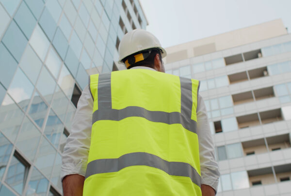 A man looking up at a building on a blog about washington workers' compensation
